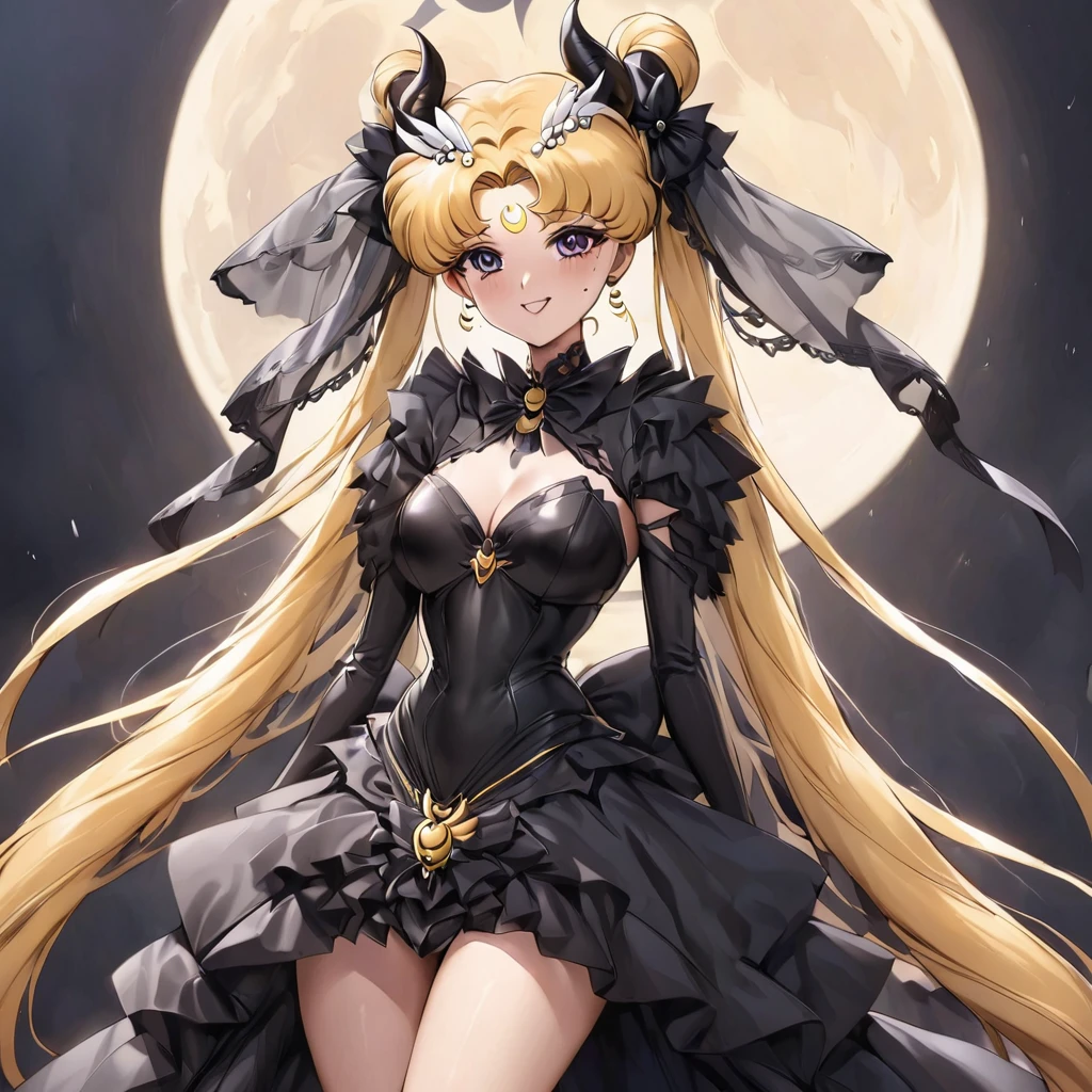 ((Highest quality)), ((masterpiece)), (detailed), （Perfect Face）、The woman is the dark queen of the Black Moon clan, the demon queen Princess Serenity, and the woman is the jet-black, sexy demon princess Serenity.、The woman is a jet-black female demon with magnificent devil horns, jet-black devil wings, and a jet-black tail. Her skin is jet-black, and she has a black inverted crescent moon mark on her forehead. She is a devil bride wearing a gorgeous black Gothic Victorian wedding dress and a black wedding veil. She is the jet-black demon Princess Serenity, and has blonde hair with a happy expression as she looks at the camera.２The expression of a girl in love with her long hair tied up、She is Princess Serenity、Punishment pose on behalf of the moon