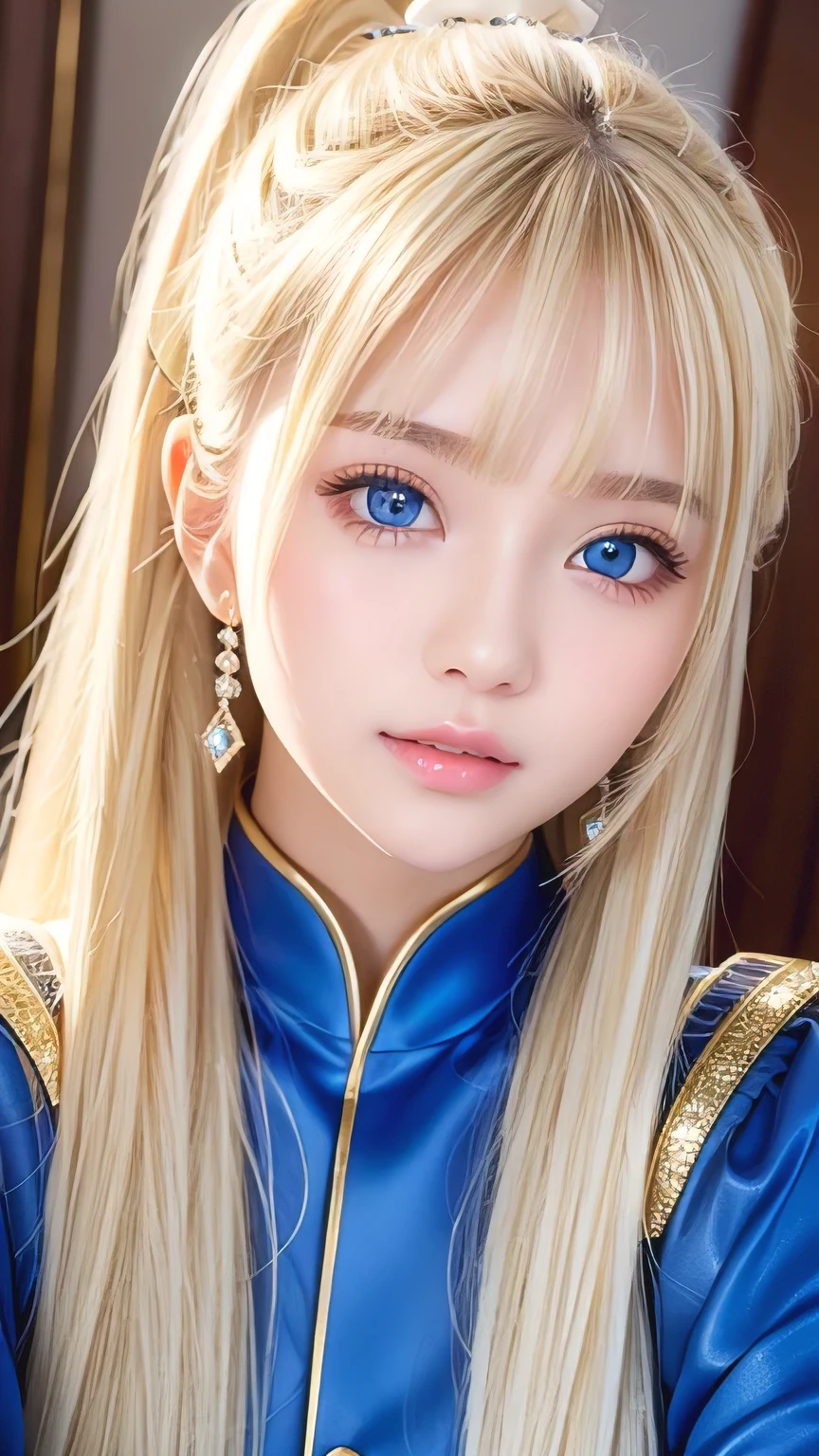 Portrait、、Bright expression、ponytail、Young, lustrous, glowing, white skin、Cheek highlight、The best beauty、Clear, silky blonde hair with dazzling highlights、Shiny bright hair,、Super long silky straight hair、Shiny beautiful bangs、Big bright blue eyes like sparkling jewels、Very beautiful lovely cute 16 year old girl、Ample Bust