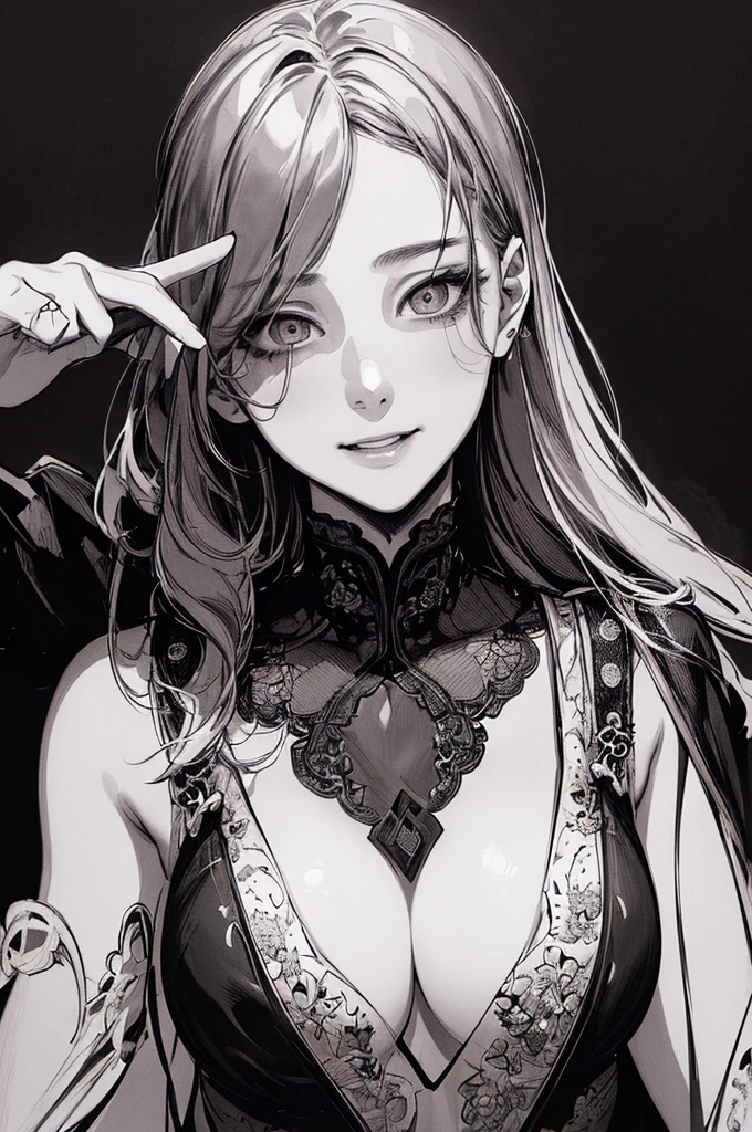 masterpiece、8K、Highest quality, (Background details), High Contrast, Very beautiful girl, 10th Generation、Detailed original illustration、Detailed shading、functional、Delicate face、Charm、Villainess、sexy、Real breasts、Crazy Smile, Crazy Eyes,、Head close-up, Black background, (Black background: 1.5), Beautiful line art、Monochrome