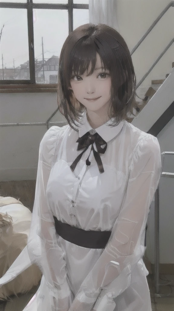 1 Woman Standing, Clothing of office workers, , Mature Woman, New teachers、/(Dark brown hair/) bangs, A light smile, (Masterpiece Top quality:1.2) Delicate illustrations, super detailed, Big Break /(Standing at the podium/), (Upper Body:1.2)、View of the schoolyard from the window