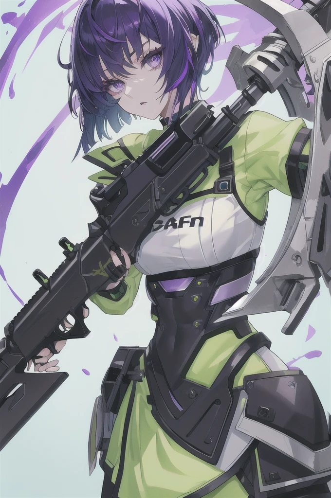 detailed、Slit eyes、Beautiful eyelashes、Purple Eyes、short hair、Green Hair、Upper Body、8K.I have a gun、girl、cyber-clothes、Brave face、Vibrant colors、Strong color scheme、Background Black