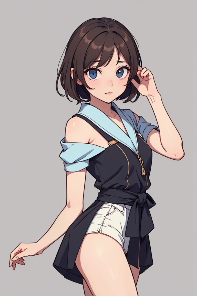 (((masterpiece, best quality, ultra highres, 1 girl, solo, no background))), super detailed skin and face and eyes and finger, beautiful japanese woman, small breasts:1.5, skinny, light brown hair, white background, very short pixie hair, (an illustration of girl), Knee shot, Generate with illustrations, Various expressions, Various poses, Please draw the entire character within the frame, ensuring that the head, arms, and legs are not cut off. The background should be simple, with the character positioned centrally, outline, anime, casual fashion,