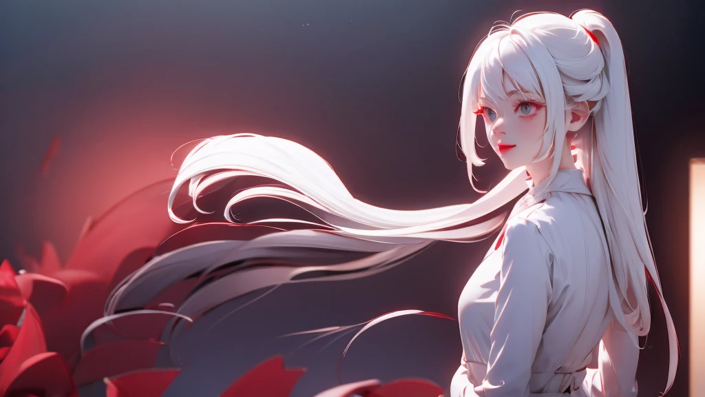 1 Girl, medium light white hair, light white eyes, wearing Red Suit 3D , night TOWN 18+, high res, ultrasharp, 8K, masterpiece, looking from behind
