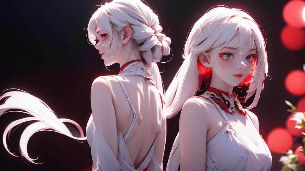 1 Girl, medium light white hair, light white eyes, wearing Red Suit 3D , night TOWN 18+, high res, ultrasharp, 8K, masterpiece, looking from behind