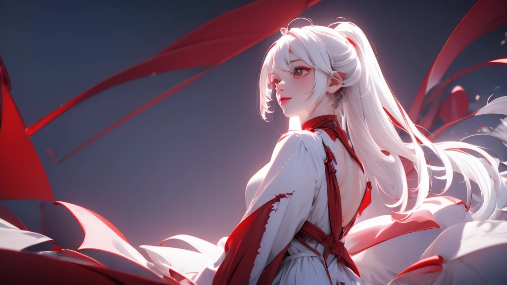 1 Girl, medium light white hair, light white eyes, wearing Red Suit 3D , night TOWN 18+, high res, ultrasharp, 8K, masterpiece, looking from behind