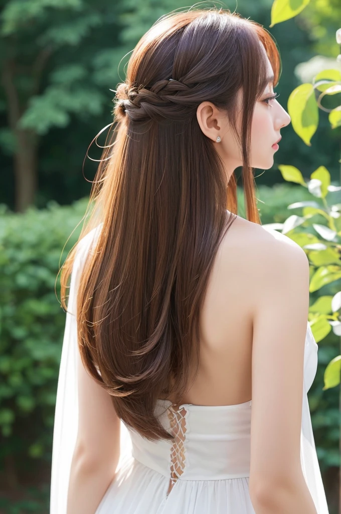 A woman with beautiful hair、Only hair、Back view、photograph、high resolution、straight、natural、White background、Smooth、Fluttering