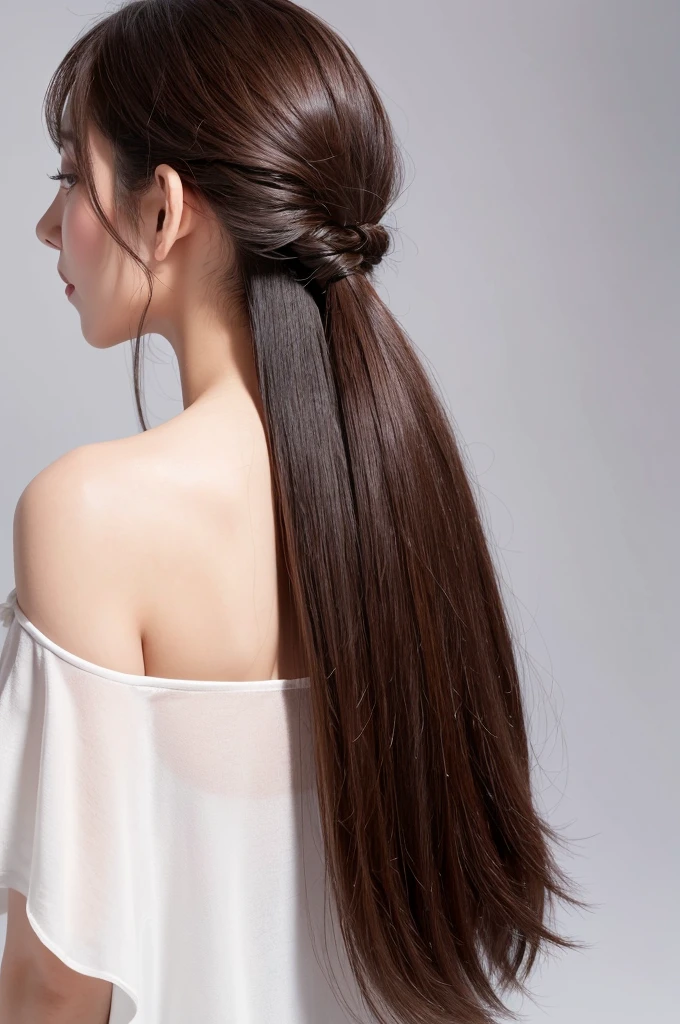 A woman with beautiful hair、Only hair、Back view、photograph、high resolution、straight、natural、White background、Smooth、Fluttering