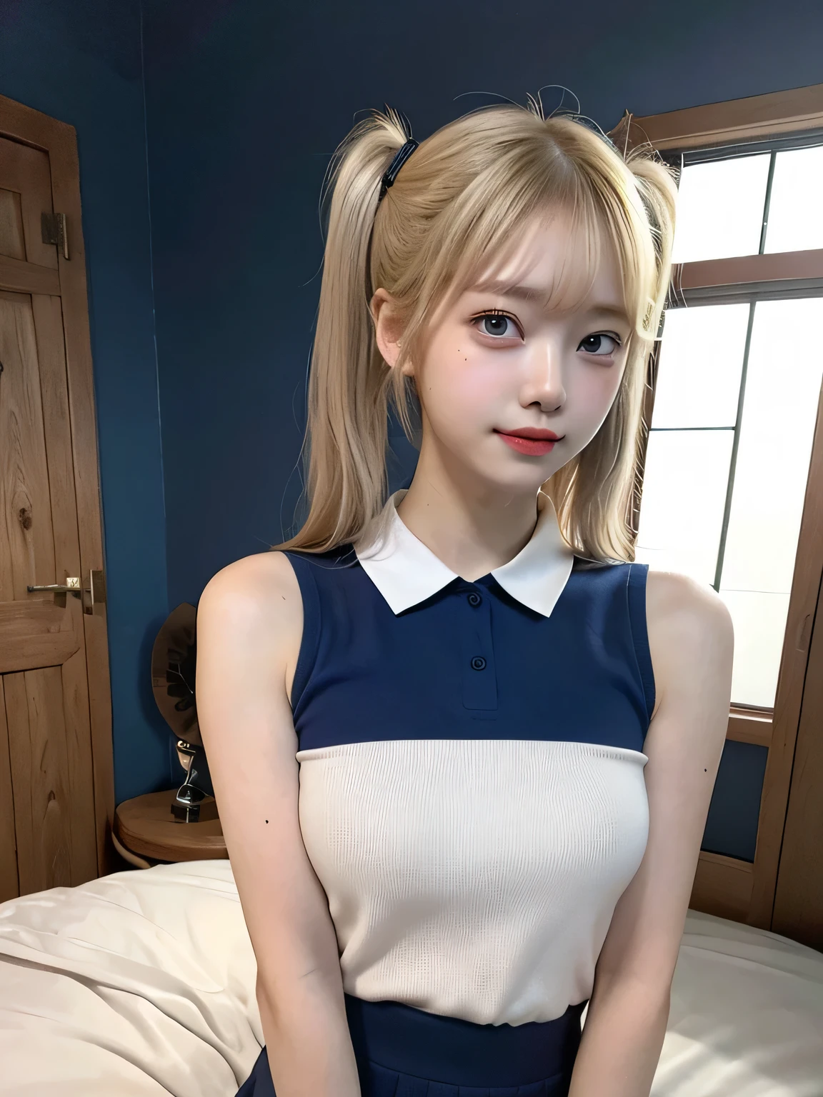 One person、、Full body photo,slender、woman、White drool coming out of the mouth、smile、、Blonde、Short Twin Tails、 Fair skin, messy hair, super cute、Soft and Face、8K resolution、Surreal、Ultra high definition、 A-cup small breasts（（Highest resolution、8K、masterpiece：1.3））、Ultra-fine face、Ultra Fine Lips、Beautiful Eyes、double eyelid,Dark blue walls、Sleeveless red polo shirt、White Skirt、Thighs、thin,Thighsが見える、Shapely small breasts、sexy、So cute!