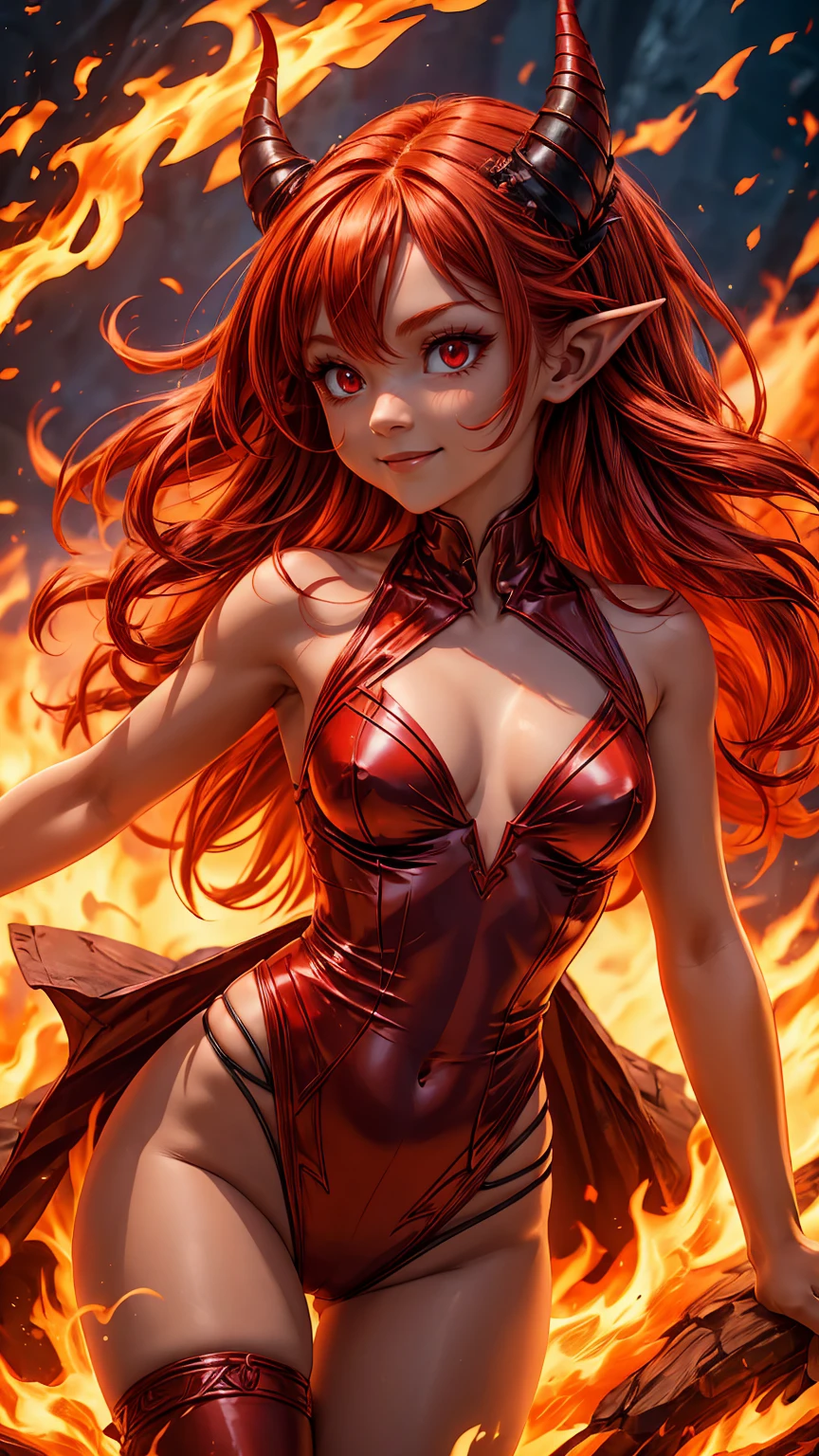 solo, 1girl, ((best quality)), ((masterpiece)), (detailed), 4k, very small red goblin girl, red skin, pointy ears, long straight red hair on fire, pleased expression, bright red eyes, wearing red and black sexy outfit, small horns on head, sexy, cute