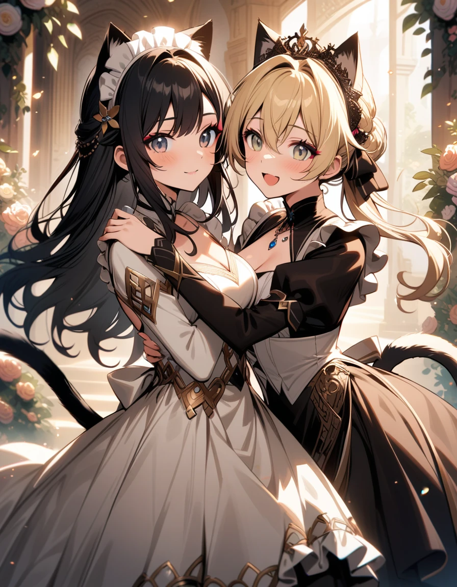 very aesthetic, beautiful eyes, best quality, ultra detailed, intricate details, (detailed background), absurdres, 2 nekogirl with cat-ears and cat-tail, Dance romance 
1lady Gray eyes, long silk hair, light golden hair, princess, makeup, decoration on her head, flowers around, happy,  
2girl, maid, black hair 