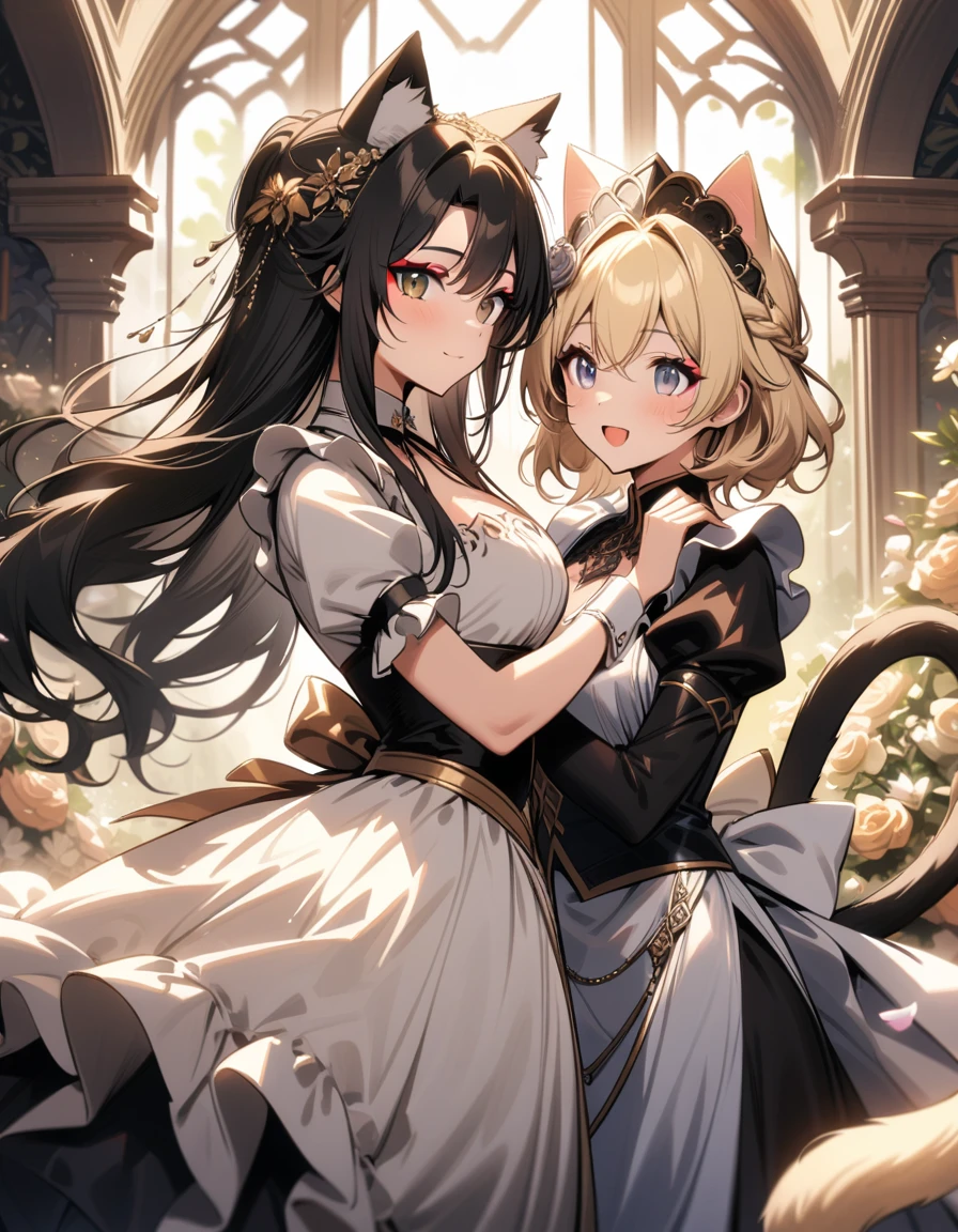 very aesthetic, beautiful eyes, best quality, ultra detailed, intricate details, (detailed background), absurdres, 2 nekogirl with cat-ears and cat-tail, Dance romance
1lady Gray eyes, long silk hair, light golden hair, princess, makeup, decoration on her head, flowers around, happy,
2girl, maid, black hair