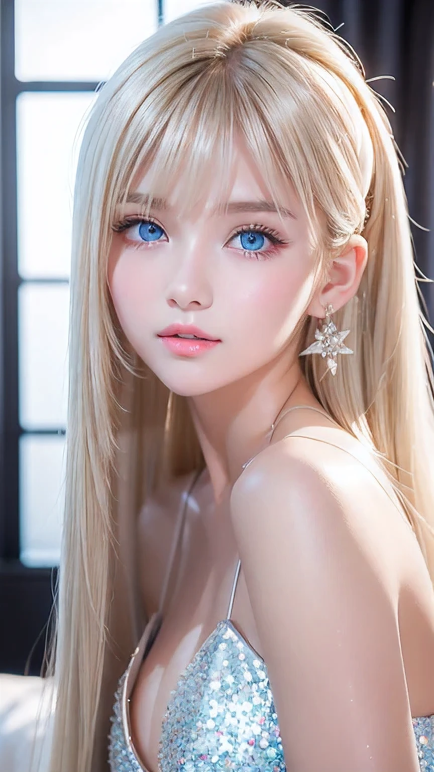 Portrait、、Bright expression、ponytail、Young, lustrous, glowing, white skin、Cheek highlight、The best beauty、Clear, silky blonde hair with dazzling highlights、Shiny bright hair,、Super long silky straight hair、Shiny beautiful bangs、Big bright blue eyes like sparkling jewels、Very beautiful lovely cute 16 year old girl、Ample Bust