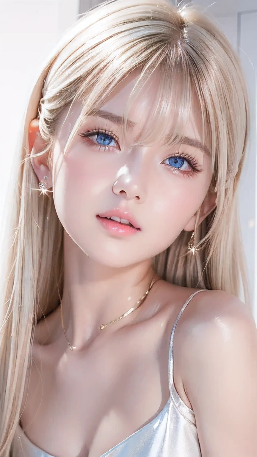 Portrait、、Bright expression、ponytail、Young, lustrous, glowing, white skin、Cheek highlight、The best beauty、Clear, silky blonde hair with dazzling highlights、Shiny bright hair,、Super long silky straight hair、Shiny beautiful bangs、Big bright blue eyes like sparkling jewels、Very beautiful lovely cute 16 year old girl、Ample Bust