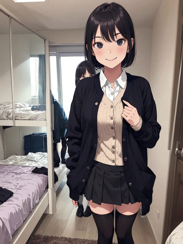 1girl,yo,,my room,,standing,uniform,cardigans,miniskirt,looking viewer,(smirk),thighhighs,shoes,big breasts