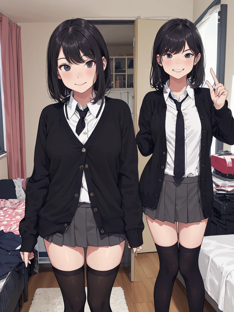 1girl,,,my room,,standing,uniform,cardigans,miniskirt,looking viewer,(smirk),thighhighs,shoes,big breasts