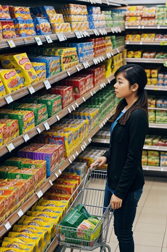 A bunch of people in supermarket staring at the the noodle section with a worried look
