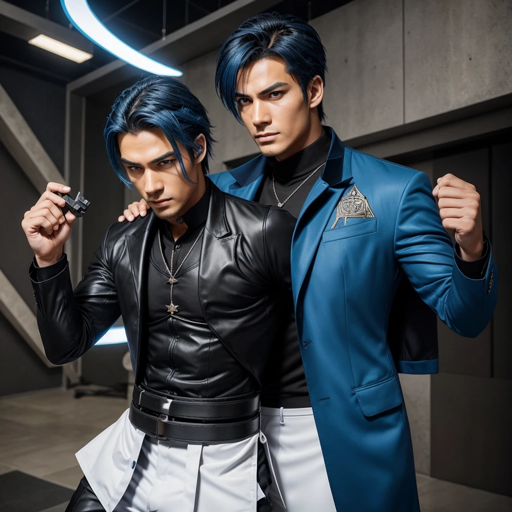 Here is a more detailed anime character design for Kaito Minamoto:
*Physical Appearance:*
- Hair: Blue, stylishly messy, and falls to his shoulders
- Eyes: Wide, piercing blue, and almond-shaped
- Nose: Attractive, slightly pointed, and proportional to his other facial features
- Body: Muscular, lean, and athletic, with broad shoulders and a chiseled chest
- Height: 6'1" (185 cm)
- Weight: 170 lbs (77 kg)
- Attire:
- Black suit with a fitted jacket and trousers
- White dress shirt with a slim collar
- Black tie with a subtle pattern
- Black dress shoes with a polished finish
*Personality:*
- Confident and charismatic, with a strong sense of justice
- Intelligent and resourceful, able to think on his feet
- Has a soft spot for those in need, especially children and animals
- Secretly a vigilante, using his skills to protect the innocent and fight against corruption
*Abilities:*
- Expert in hand-to-hand combat, with a background in martial arts
- Proficient in various weapons, including swords, guns, and throwing stars
- Genius-level intellect, with expertise in strategy, tactics, and problem-solving
- Skilled in disguise and deception, able to blend in with his surroundings
*Equipment:*
- Custom-made sword with a blue blade and a black hilt
- Pair of handguns with silencers and laser sights
- Various throwing stars and daggers
- High-tech gadgets, including a smartwatch and a portable computer
*Anime Style:*
- Dynamic poses and expressions, with a focus on action and drama
- Vibrant blue hair and eyes, with a subtle glow effect in intense scenes
- Detailed suit and tie, with a focus on texture and shading
- Action-packed scenes showcasing martial arts skills and weapon handling
I hope this detailed character design helps! Let me know if you have any other questions or need further assistance.