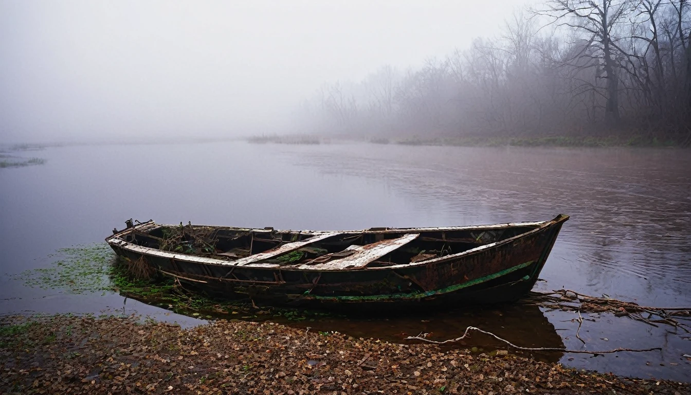 An old, abandoned boat half-submerged in a dark, foggy river