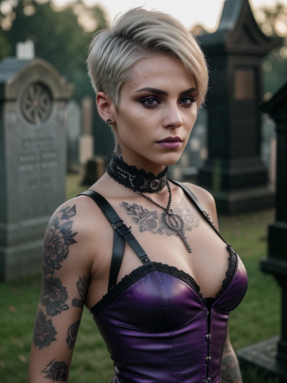 beautiful tattooed gothic girl, blonde, short hair sides shaved, in purple leather outfit, (in a British victorian age cemetery:1.2), tattooed, black makeup ,((slim, petite)), photorealistic, photo, masterpiece, realistic, realism, photorealism, high contrast, photorealistic digital art trending on Artstation 8k HD high definition detailed realistic, detailed, skin texture, hyper detailed, realistic skin texture, armature, best quality, ultra high res, (photorealistic:1.4),, high resolution, detailed, raw photo, sharp re, by lee jeffries nikon d850 film stock photograph 4 kodak portra 400 camera f1.6 lens rich colors hyper realistic lifelike texture dramatic lighting unrealengine trending on artstation cinestill 800,