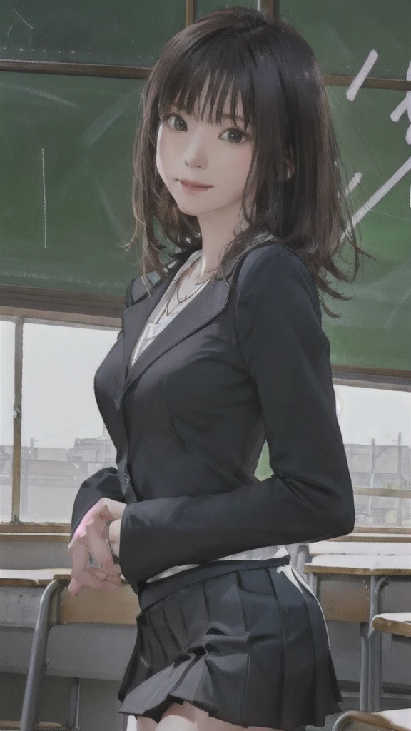 (Highly detailed CG Unity 8k wallpaper)、(masterpiece)、(Highest quality)、(Super detailed)、(Best illustrations)、(Best Shadow)、Ultra-high resolution、(Real、Photorealistic:1.2)、(Beautiful student teacher:1.4)、Facing forward、Dark brown long hair、(Large Breasts:1.2)、(School classroom:1.4)、(Black suit skirt:1.4)、(Cute Necklace:1.2)、Puffy eyes、(Stand at the podium with the blackboard behind you:1.2)、(Close-up)、High contrast light、Upper Body
