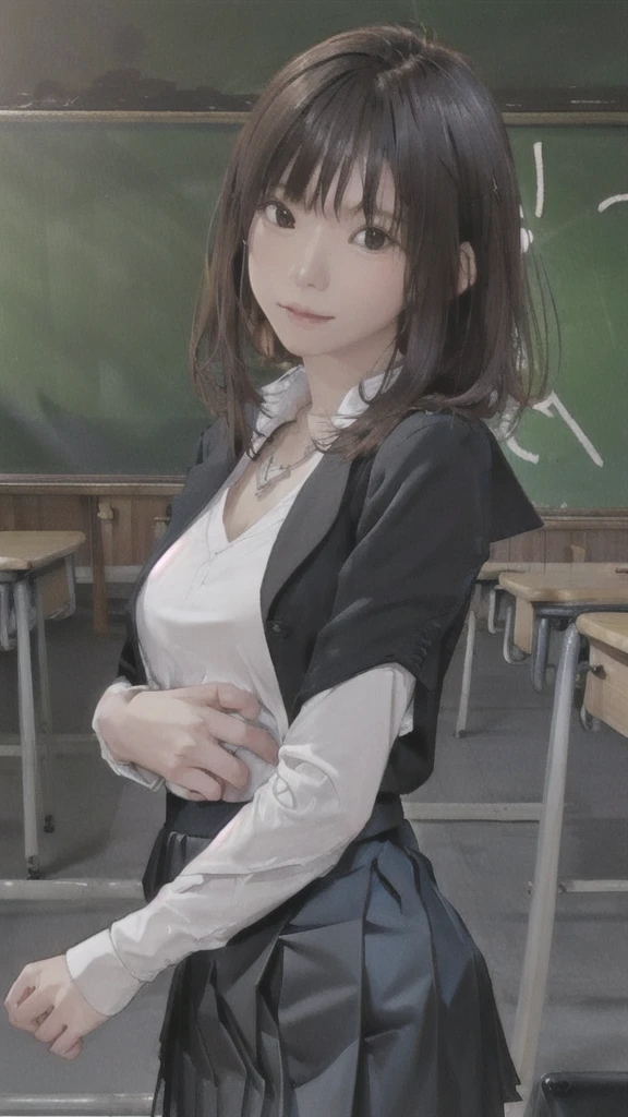 (Highly detailed CG Unity 8k wallpaper)、(masterpiece)、(Highest quality)、(Super detailed)、(Best illustrations)、(Best Shadow)、Ultra-high resolution、(Real、Photorealistic:1.2)、(Beautiful student teacher:1.4)、Facing forward、Dark brown long hair、(Large Breasts:1.2)、(School classroom:1.4)、(Black suit skirt:1.4)、(Cute Necklace:1.2)、Puffy eyes、(Stand at the podium with the blackboard behind you:1.2)、(Close-up)、High contrast light、Upper Body