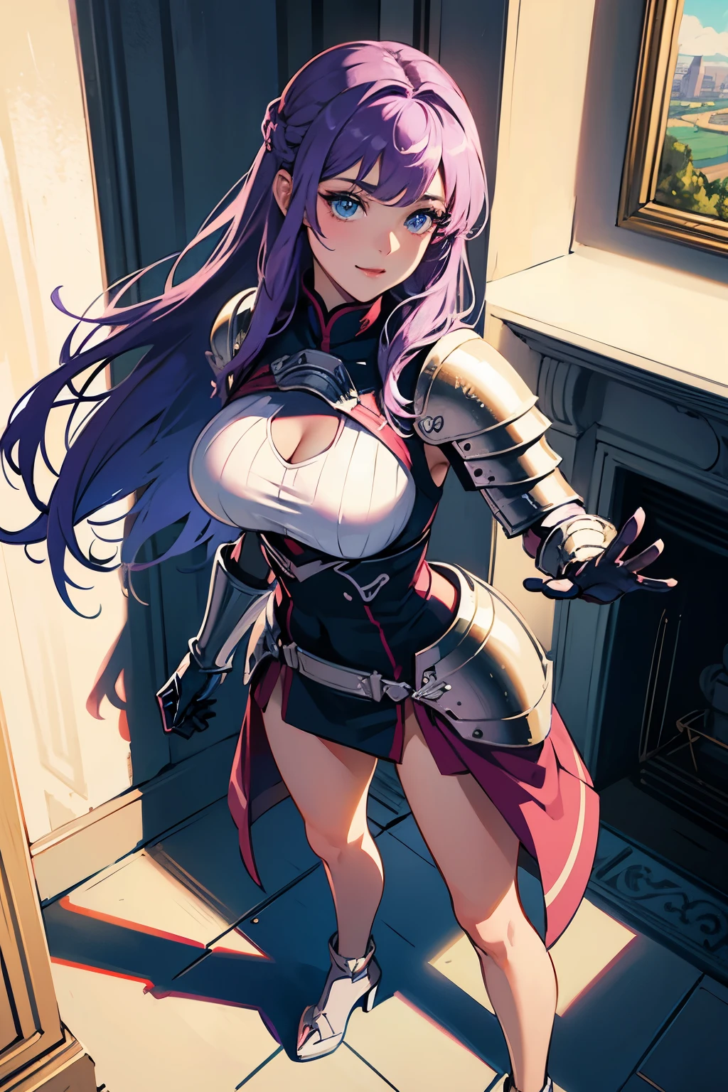 masterpiece, best quality, ultra-detailed, sexy, ero, full body, in the middle, look down from above, castle, morning, spring, a pretty woman, solo, warrior, beautiful purple hair, beautiful light blue eyes, beautiful eyes, white-skinned, long hair, large breast, light smile,entire body,standing,Pink knight's armor,powerful,cool