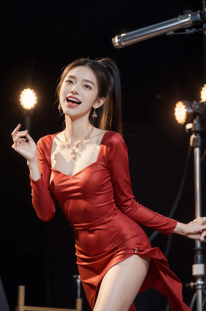 (((best quality))),(((ultra detailed))),(((masterpiece))),illustration, 1girl,singer,solo,short ponytail,open mouth,laughing,slim,thin,flat chest,small breasts,earrings,necklace,Maxi gorgeous sparkled red shirt-dress,slender legs,on the stage, performance, passion, confidence, elegance, lighting effects, decorations, audience, melodious voice, beautiful appearance, captivating performance,standing,upper body,from front