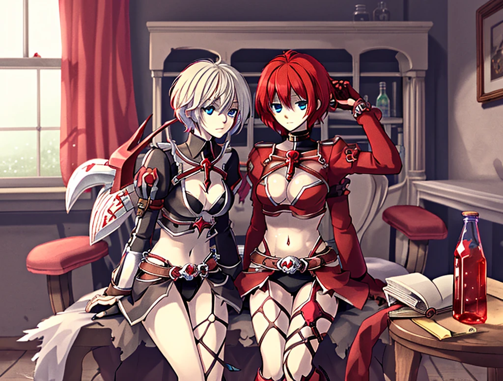 score_9, score_8_up, score_7_up, score_6_up, score_5_up, score_4_up, source_アニメ, Anime, 1 girl, red hair, short hair, blue eyes, Eyes glowing bright green, Abdominal pain, The light sparkles beautifully., Beautiful fair skin, Guillotine Cross Set - Ragnarok Online, Research Laboratory, sit, Medicine table, science glass, Hand holding a round red glass bottle of water, drink red juice, red nectar (Skull-shaped round bottle), Drug research is being done, medicine bottle, friendly, Magical light, Sharp picture, Beautiful detailed pattern