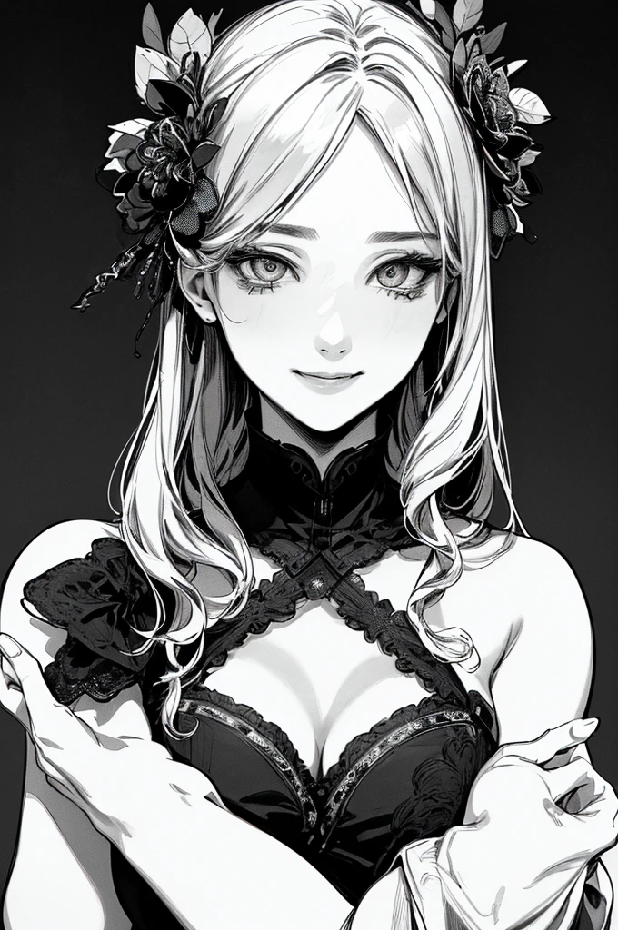 masterpiece、8K、Highest quality, (Background details), High Contrast, Very beautiful girl, 10th Generation、Detailed original illustration、Detailed shading、functional、Delicate face、Charm、Villainess、sexy、Real breasts、Crazy Smile, Crazy Eyes,、Head close-up, Black background, (Black background: 1.5), Beautiful line art、Monochrome