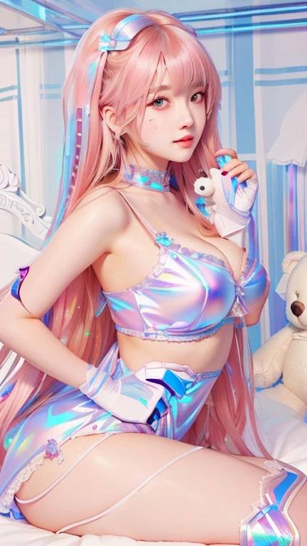 girl with long hair sitting on a bed with a teddy bear, seductive girl, ilya kuvshinov with long hair, girl with long hair, oppai cyberpunk, holo, style hyper detailed, girl, digital illustration, beautiful alluring woman, digital advanced art, cute waifu in a nice dress