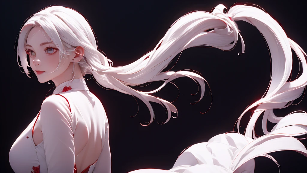 1 Girl, medium light white hair, light white eyes, wearing Red Suit 3D , night TOWN 18+, high res, ultrasharp, 8K, masterpiece, looking from behind