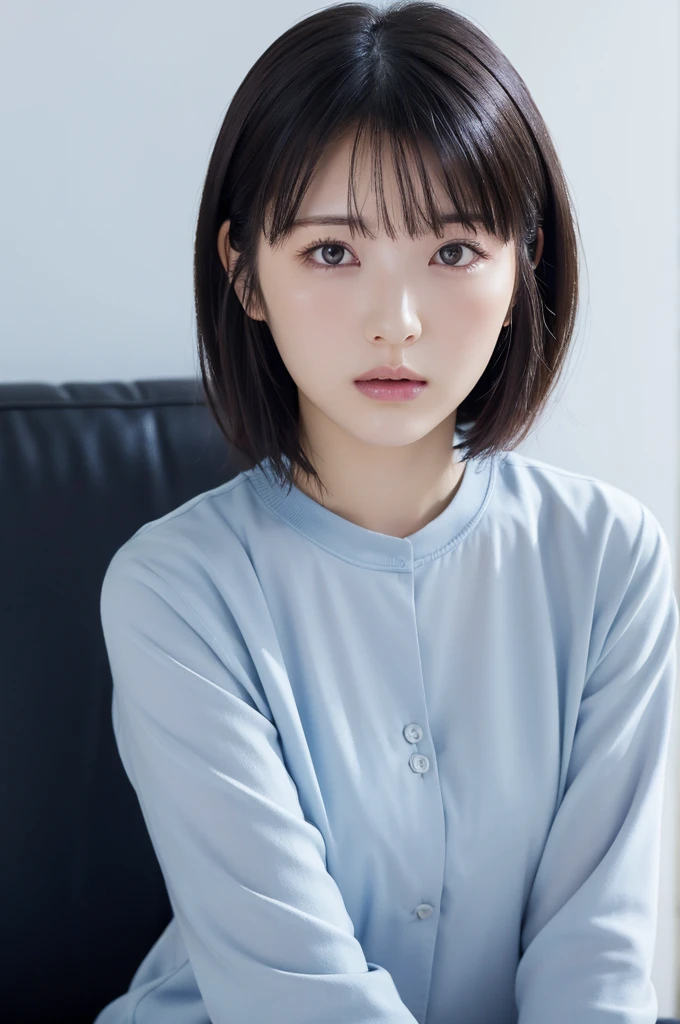 (Super beautiful girl:1.2), A neat and clean woman, masterpiece, Highest quality, Great Skin, Delicate face, Very angry look、 Clean look, Twinkle Eyes, double eyelid, Ample breasts、 ((High resolution)), ((Highly detailed CG Unity 8k wallpaper)), short hair, bangs, Elegant rounded bob, Disheveled Hair、 Portrait of a woman in light blue clothes, Sit on the sofa, Dark Room, sentimental、