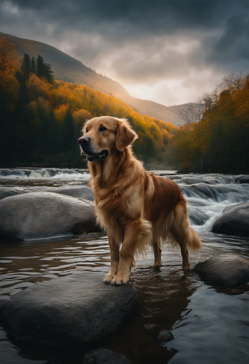 golden retriever, Surreal, Tense, warm, Highly detailed, Sharp, professional, 8K UHD, Movie, Dark, violent, En plein air, River, battle, chase, Dramatic, Vivid, Tense atmosphere, rendering, Epic, Twilight, hdr, album covers, Blizzard, Standing on a rock in the river