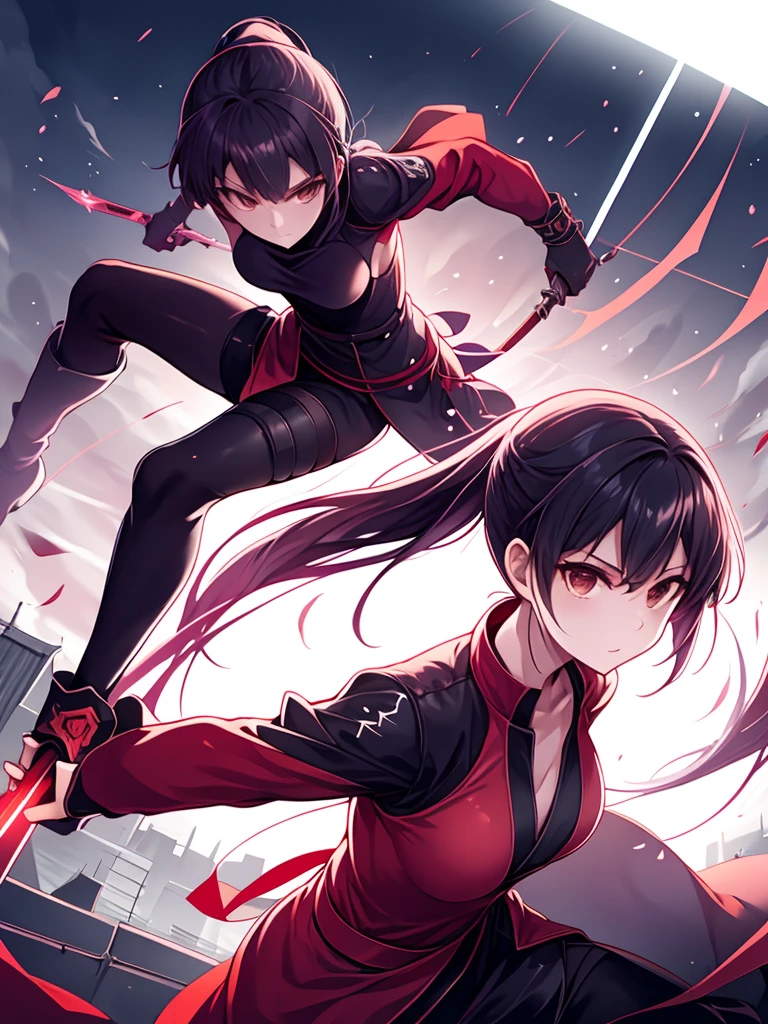 A girl is a ninja who belongs to a clan that fights against evil. She is wearing a black outfit and a mask, and she has a sword and a shuriken in her hands. She is agile and skilled as she jumps from rooftop to rooftop, chasing after a group of enemies who stole a sacred scroll.
BREAK
The enemies are also ninjas, but they wear red outfits and have different weapons. The girl has to fight them one by one, using her swordsmanship and ninjutsu. The scene is fast-paced and exciting
dark backlighting,cinematic lighting,dark atmosphere,