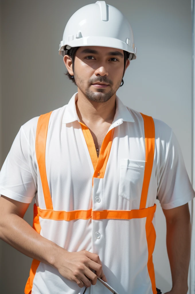 a man, an architect by profession, wearing a white project helmet, wearing a white shirt and an orange vest