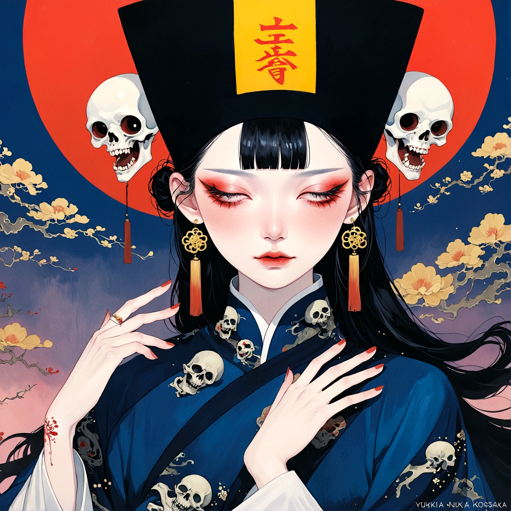 Qing Dynasty Zombie Portraits,Black hat,There is a rune on the forehead,Stand collar robe,Japanese horror style Japanese pop surrealism, author:Yukika Kosaka, Nguyen Gia and Joao Nguyen,