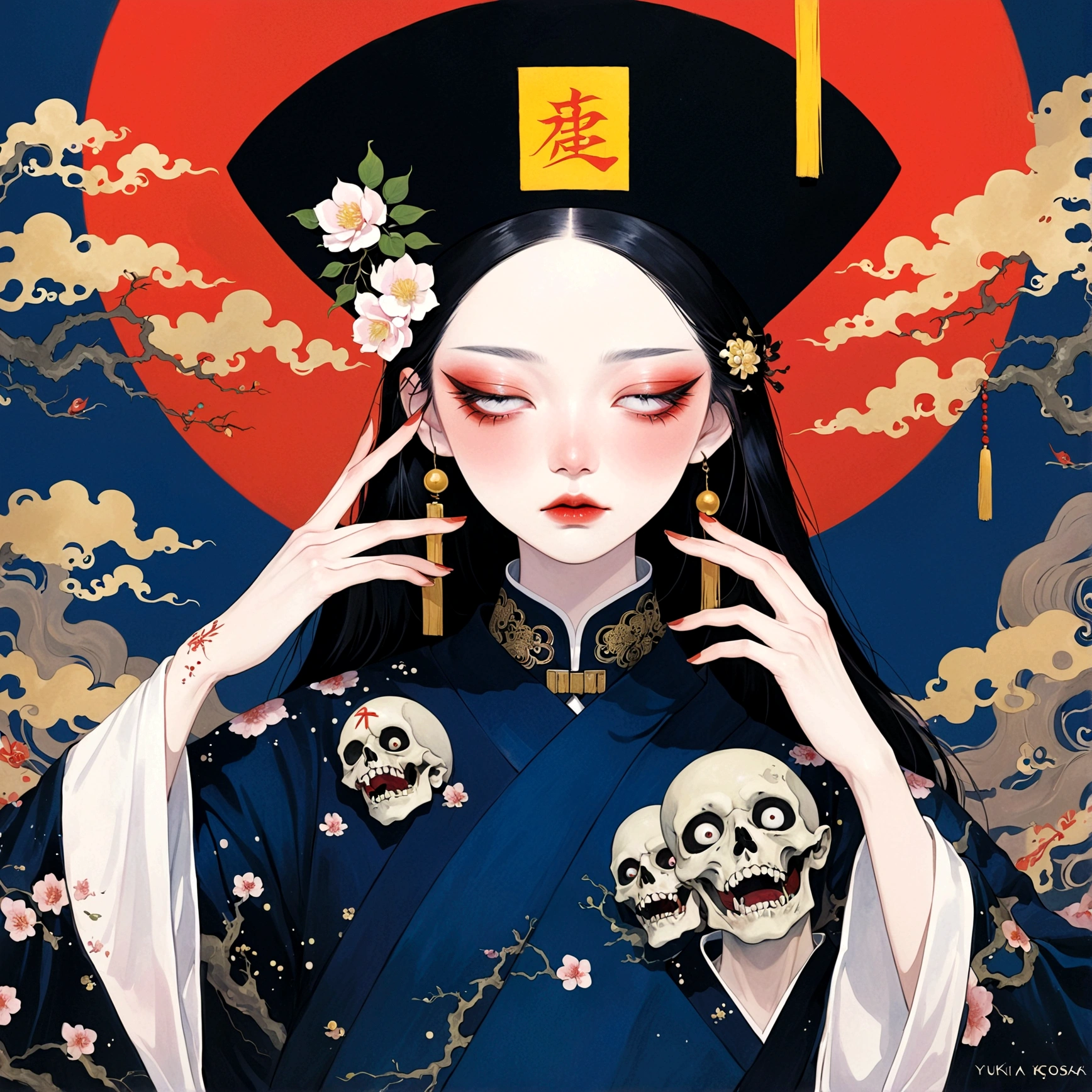 Qing Dynasty Zombie Portraits,Black hat,There is a rune on the forehead,Stand collar robe,Japanese horror style Japanese pop surrealism, author:Yukika Kosaka, Nguyen Gia and Joao Nguyen,
