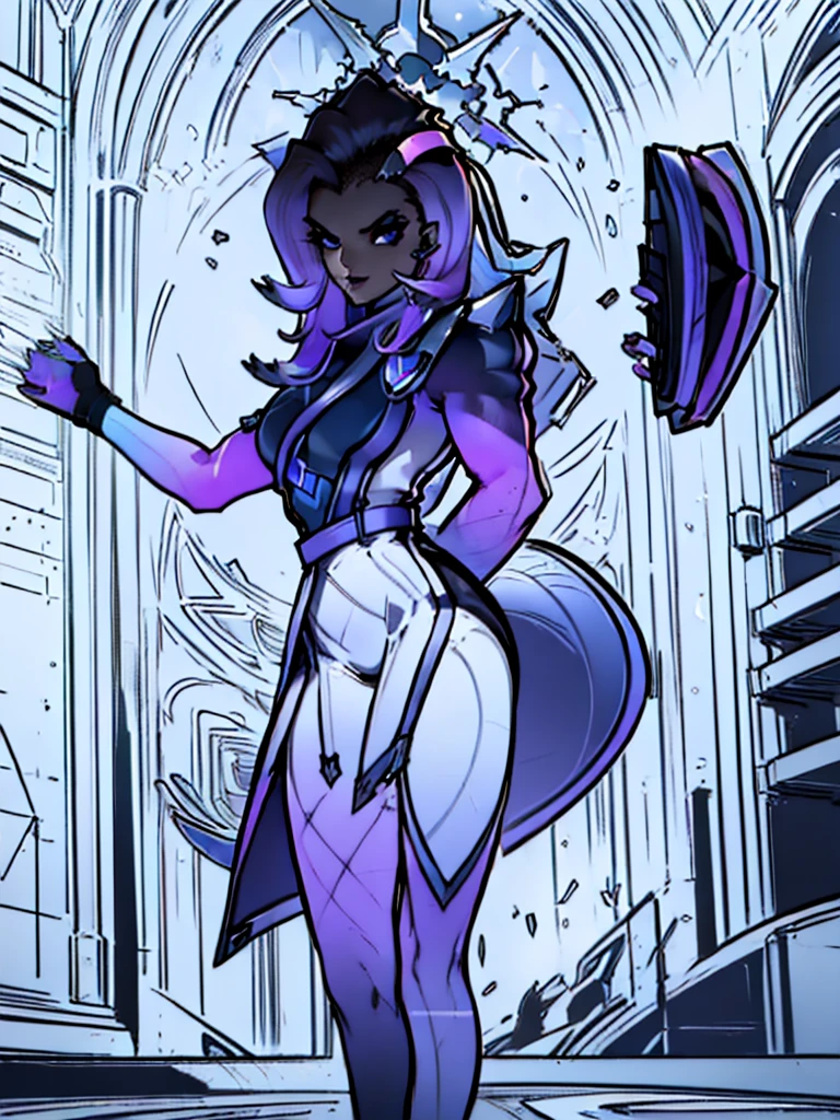 official art, luna, 1girl, mature, curvy figure, medium full shot, solo, purple bodysuit, helmet, purple eyes, white gloves, hands on hips, rear view, butt focus, moonlit night, clouds, best quality, (masterpiece), realistic, 8k illustration, low angle view, fisheye lens
<lora:dotaLuna:0.7>