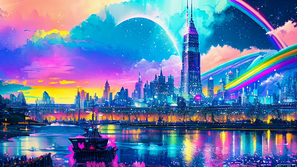 Colorful Metropolitan Museum of Art、Painting of a river with stars and moon in a rainbow sky、Met、輝くskyscraper、Shine overall、skyscraper、Concept art inspired by Tosa Mitsuoki、pixiv contest winners、Highest quality、Fantasy art、Beautiful anime scene、Bright Moon、Moonlight Star Environment、Dream painting、Anime Background Art、Fantasy Landscape Painting、Fantasy Knight、Anime Background、Background artwork、Great art、Atmospheric anime、Starry Sky、details enhanced。