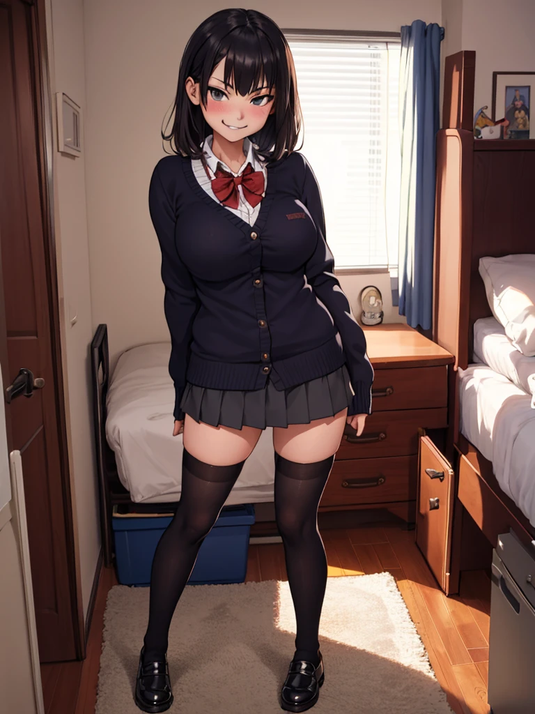 1girl,,,my room,,standing,uniform,cardigans,miniskirt,looking viewer,(smirk),thighhighs,shoes,big