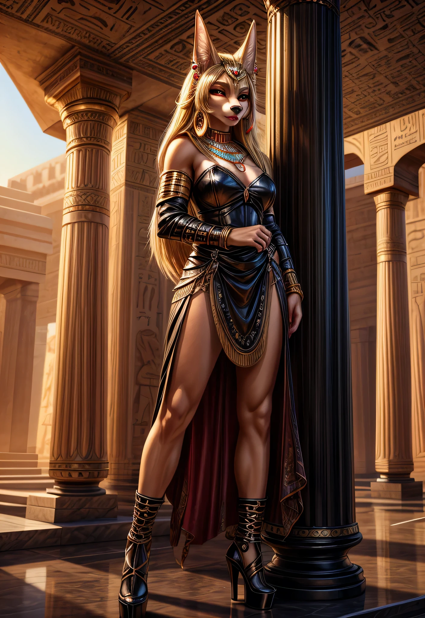 UHD 8k, HDR+, cute Black anthro female Jackal with a necklace, large piercing eyes, huge earrings, giant earrings, her long blonde hair falls over her shoulders, black high heel boots, high heels, black leather armor, Against the background of the Egyptian pharaoh's palace, detailed background, detailed background, realistic, 1girl, solo girl, 20 year old girl, ultra realistic face, hyperrealistic, hyperdetailed, (looking at viewers), sharpen, detailed face, detailed eyes, detailed lips, red lips, beautiful face, 16k, FHD, raw photo, cute face mesh, pretty face mesh, portrait shot 8 k