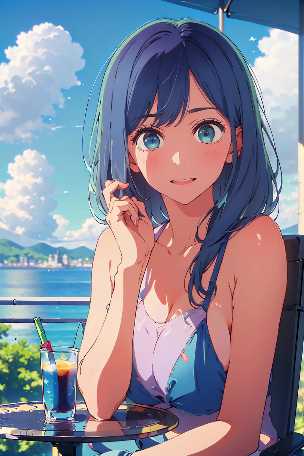 (Highest quality:1.4、masterpiece:1.4、Super detailed:1.4、8K:1.4)、F cup bust、Big Breasts、Slim body、((((1 person、Surprised expression、sit、Chair、In the background are the urban buildings of Tokyo、looking at the camera、Outdoor café terrace、coastal、Navy hair color、juice、Shooting up close、table、Very cute face))))、(Pose of putting hair behind ears with hands:1.4、Cheek resting on hand:1.4）、((nude、Areola、Plain Bikini))、Very blue sky、A completely cloudless sky、Big eyes、((((Shallow depth of field))))