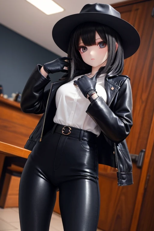 ,pale skin,1girl,((((clothed)))),blackleatherlongcoat,doll joints,doll skin,darkblackhair,Denim Leggings,leathergloves,Western Boots,blackten-gallon hat,ass focus,Navy blue blouse