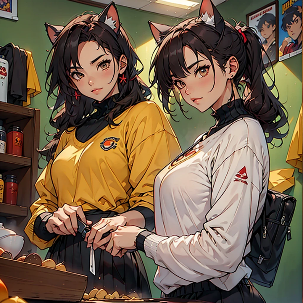Junkotvv a girl con orejas de gato and neocruz a boy con barba, playing video games together in a room full of 80s style anime and posters in neon tones with video game controllers in their hands and enjoying