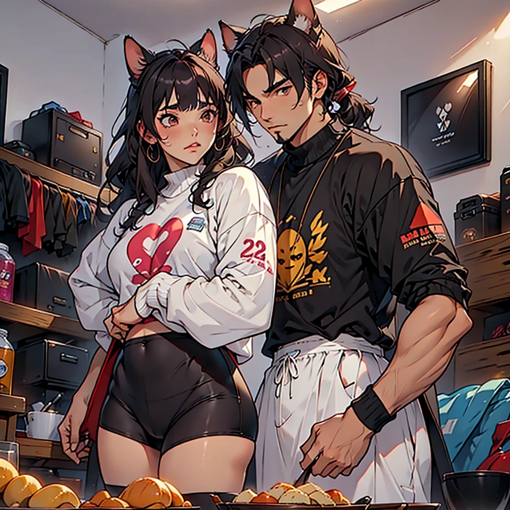 Junkotvv a girl con orejas de gato and neocruz a boy con barba, playing video games together in a room full of 80s style anime and posters in neon tones with video game controllers in their hands and enjoying