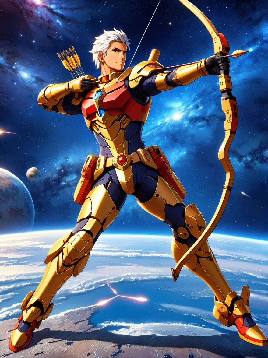 Amazing quality，masterpiece，Best quality，Ultra Detailed，Ultra HD，Depth of Field，(whole body:1.5)，Gundam holding a bow and arrow，Space，(Archer)，(anatomically correct, accurate, 8K)