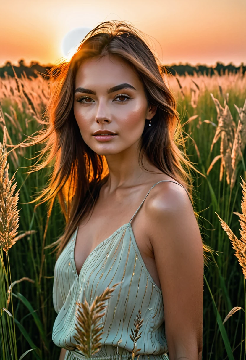 a woman standing in a field of tall grass with the sun setting, gorgeous woman, cinematic beautiful natural skin, attractive woman, attractive girl, photo of a beautiful woman, gorgeous attractive face, extremely beautiful face, in a field, beautiful female model, portrait of a beautiful model, soft portrait shot 8 k, beautiful delicate face, a beautiful young woman, attractive beautiful face
