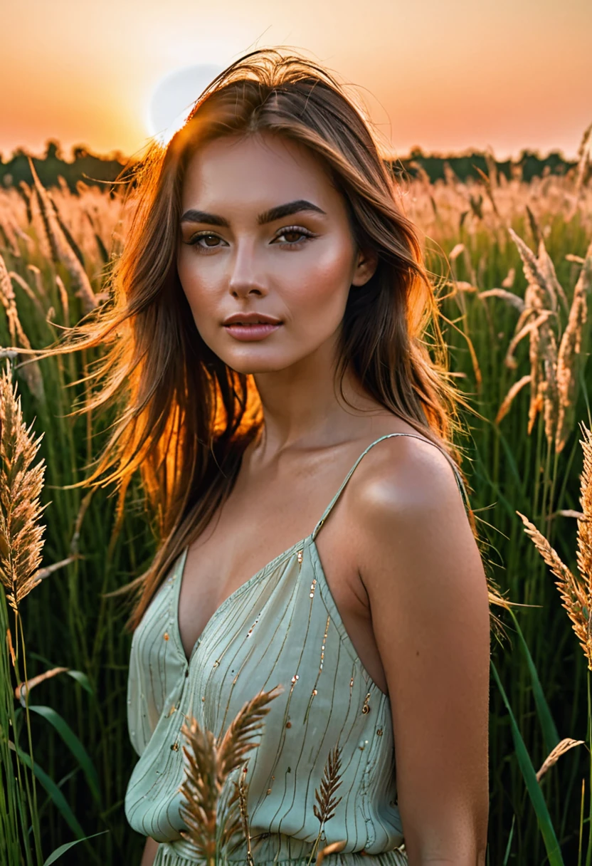 a woman standing in a field of tall grass with the sun setting, gorgeous woman, cinematic beautiful natural skin, attractive woman, attractive girl, photo of a beautiful woman, gorgeous attractive face, extremely beautiful face, in a field, beautiful female model, portrait of a beautiful model, soft portrait shot 8 k, beautiful delicate face, a beautiful young woman, attractive beautiful face