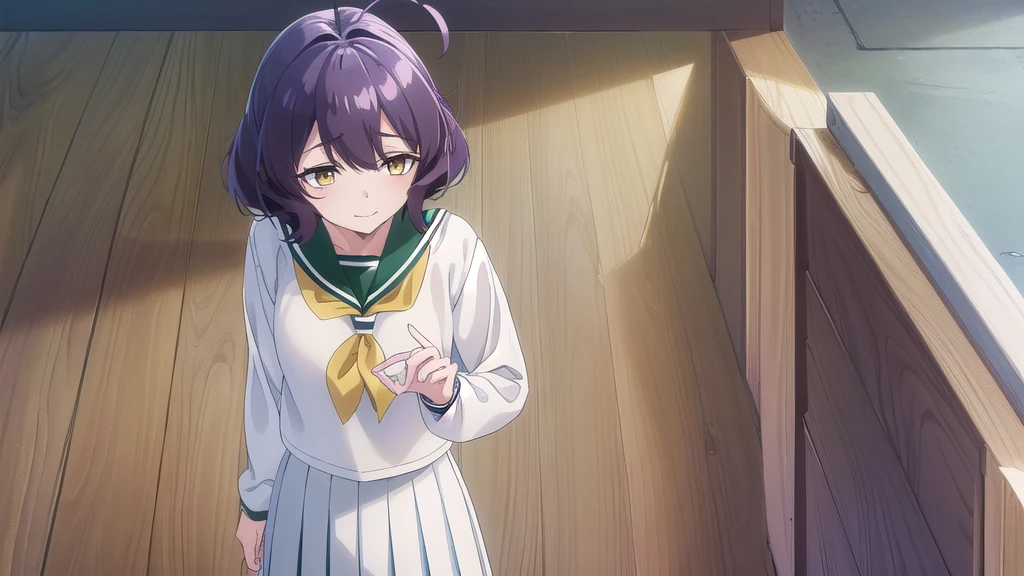 Utahi Hiragi, Utena Hiiragi, short hair, (Yellow Eyes:1.3), Purple Hair, Ahoge, smile, Hair Intake,
break skirt, shirt, Long sleeve, , white shirt, Pleated skirt, Seraphim, Sailor collar, neckerchief, Green Skirt, green Sailor collar,
break indoors, classroom,
break looking at viewer, (Cowboy Shot:1.5),
break (masterpiece:1.2), Highest quality, High resolution, unity 8k wallpaper, (figure:0.8), (Beautiful attention to detail:1.6), Highly detailed face, Perfect lighting, Highly detailed CG, (Perfect hands, Perfect Anatomy),