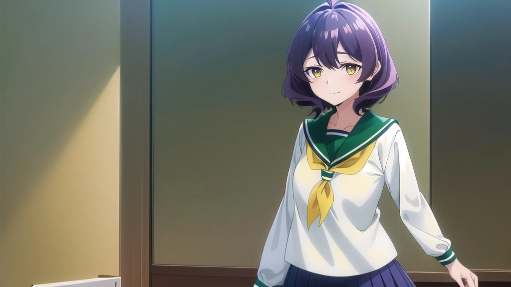 Utahi Hiragi, Utena Hiiragi, short hair, (Yellow Eyes:1.3), Purple Hair, Ahoge, smile, Hair Intake,
break skirt, shirt, Long sleeve, , white shirt, Pleated skirt, Seraphim, Sailor collar, neckerchief, Green Skirt, green Sailor collar,
break indoors, classroom,
break looking at viewer, (Cowboy Shot:1.5),
break (masterpiece:1.2), Highest quality, High resolution, unity 8k wallpaper, (figure:0.8), (Beautiful attention to detail:1.6), Highly detailed face, Perfect lighting, Highly detailed CG, (Perfect hands, Perfect Anatomy),